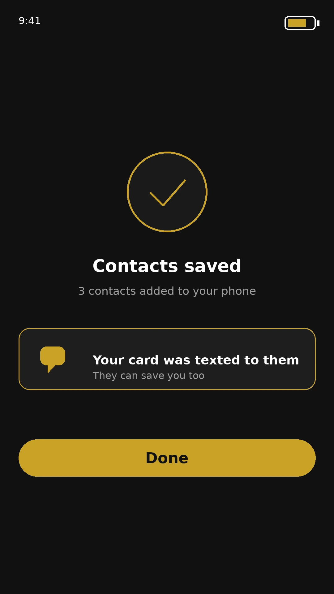 SnapLead confirmation that contacts were saved and your card was texted back