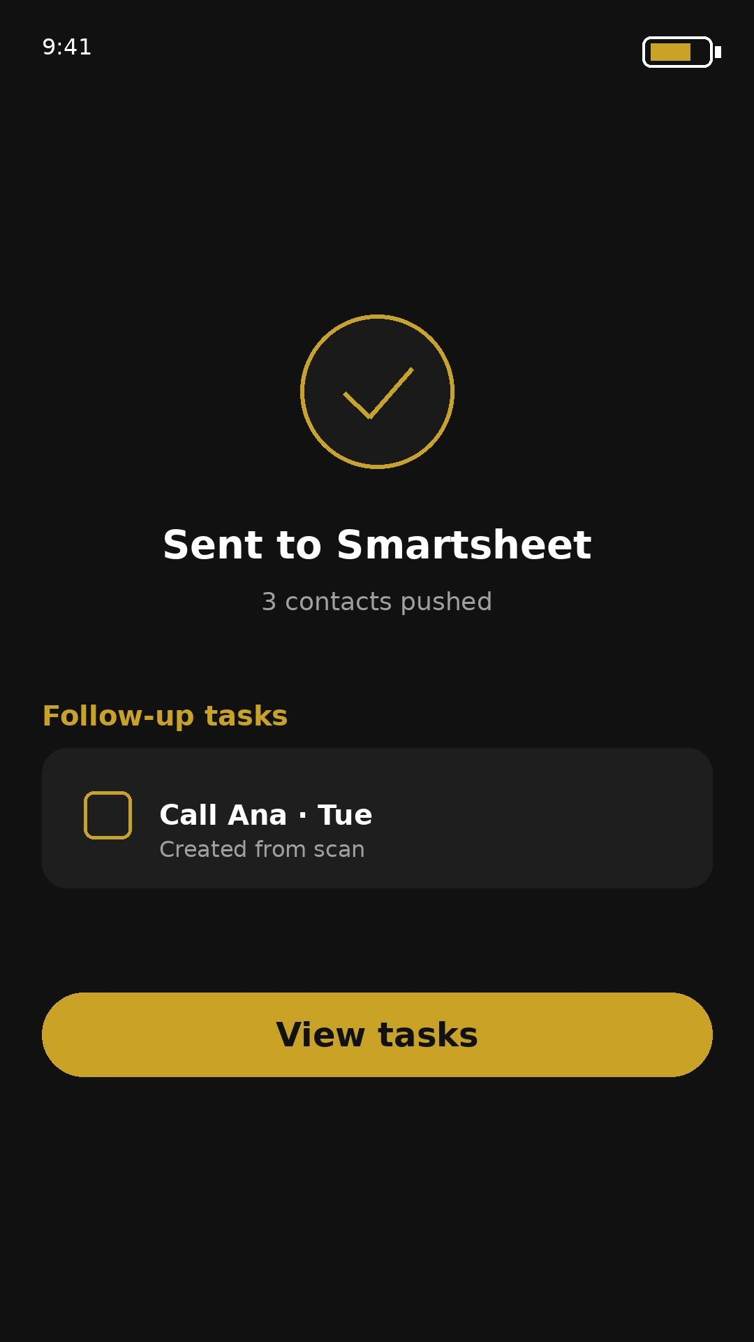 SnapLead confirmation that contacts were pushed to Smartsheet with a follow-up task created